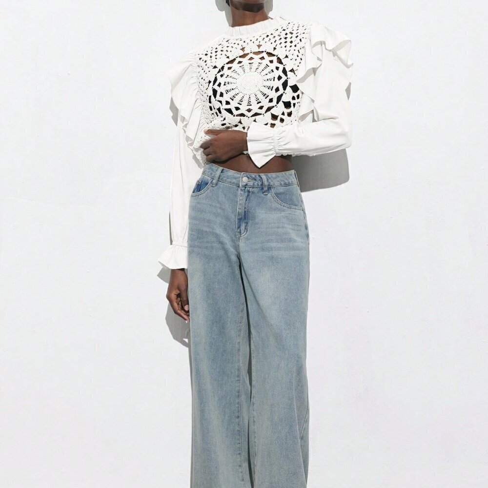 White Casual Women's Apricot Hollow Hook Flower Splicing Ruffles Tops